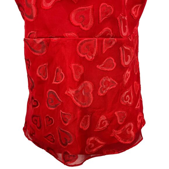 Y2K Babydoll Camisole Tank Top Medium Red Textured Hearts Mesh Overlay Satin Vtg - Picture 9 of 15
